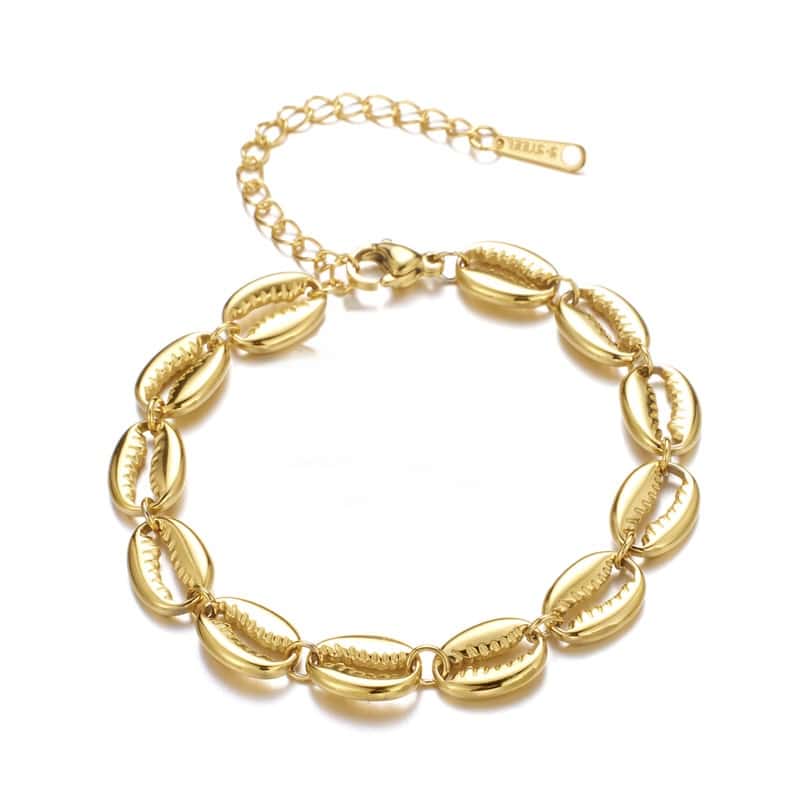 Letný náramok s mušľami z chirurgickej ocele pozlátenej 18K zlatom, dĺžka 16cm + 5cm